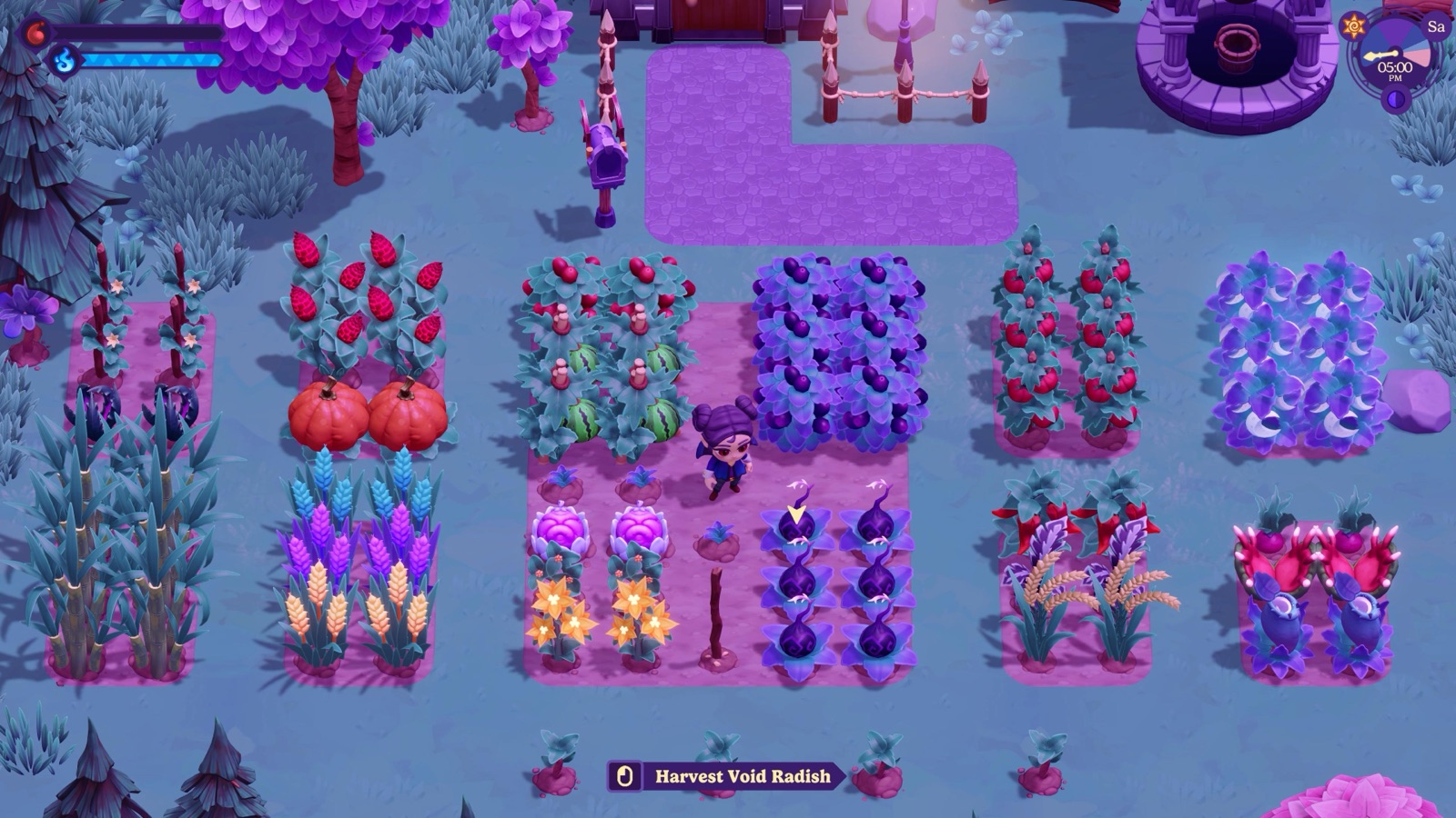Rows of colorful supernatural crops on the player farm.
