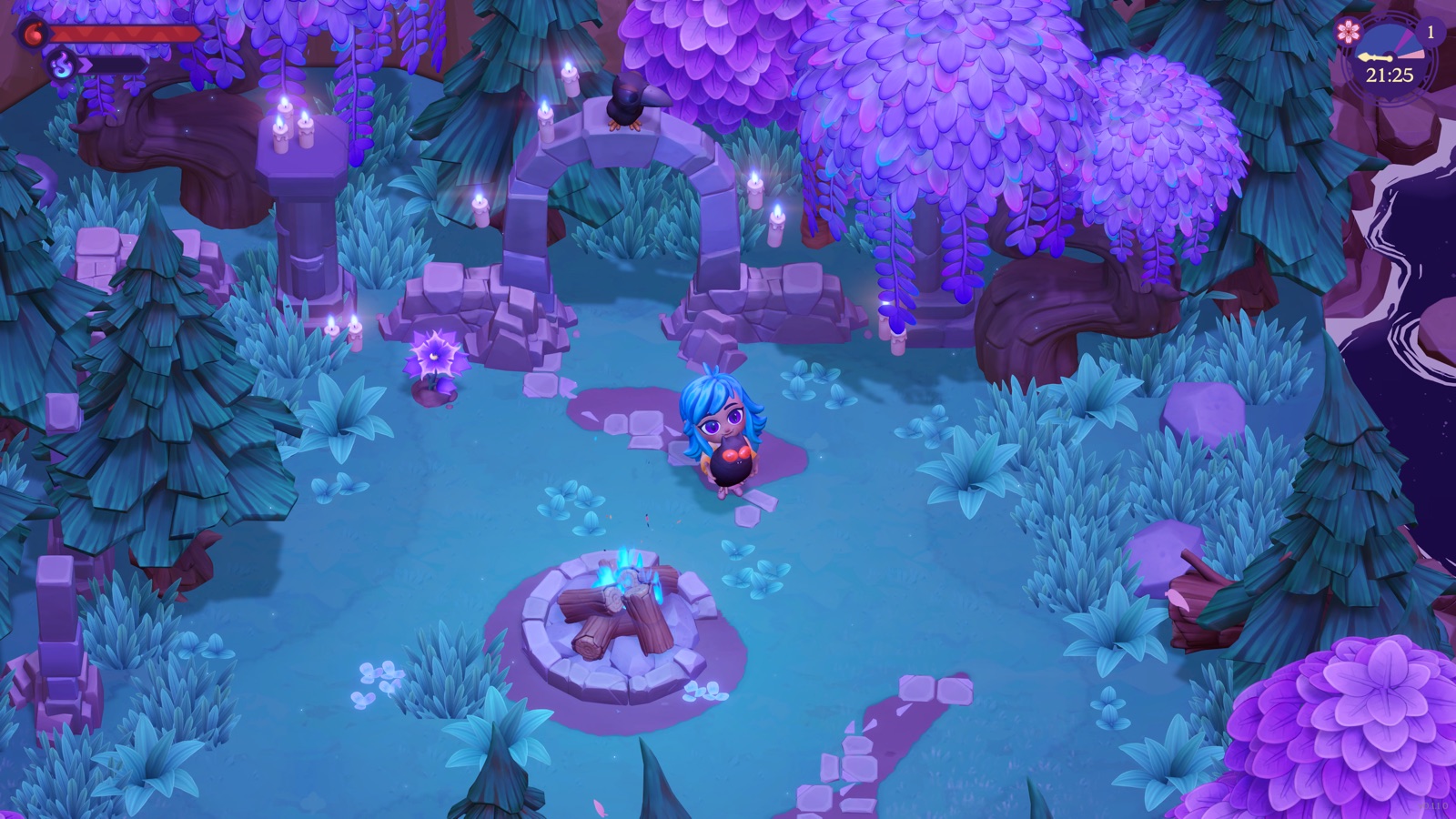 A vampire character exploring a candlelit forest ruin.
